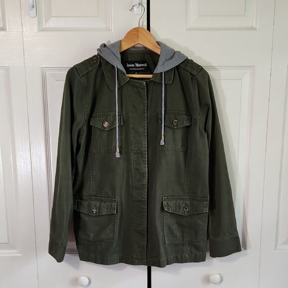 Jason Maxwell Womens Green  & Gray Jacket Size Med Button Front Hooded Gorpcore - Picture 1 of 10